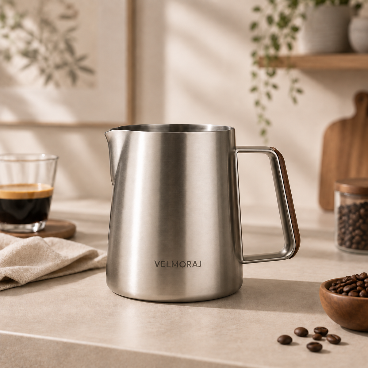 VELMORAJ Wood‑Accent Milk Steaming Pitcher
